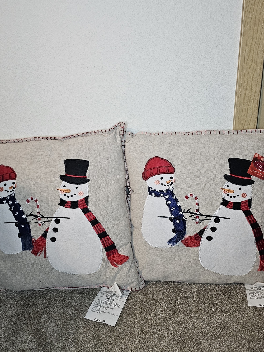 Kohl's Beige Snowman Throw Pillow with Red Hat and Navy Scarf